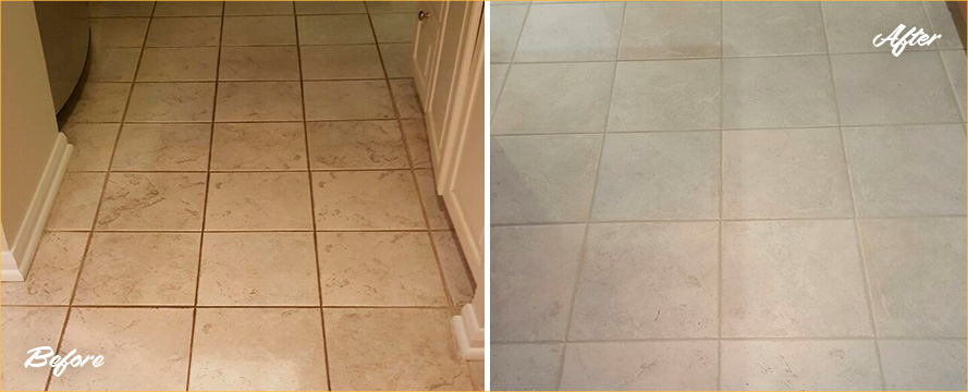 Floor Tiles and Grout Before and After a Grout Sealing Service in Warren
