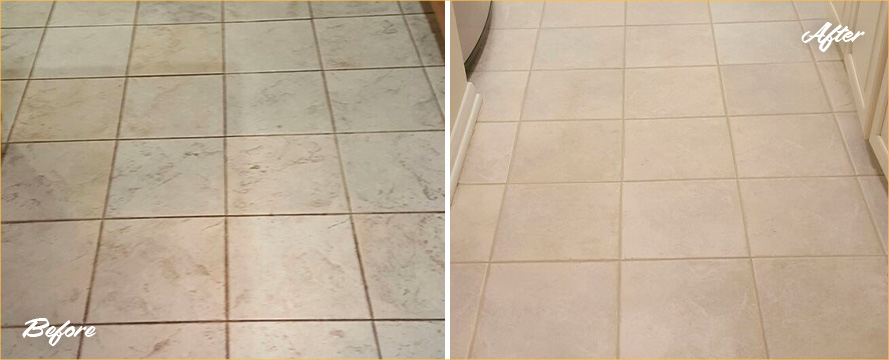 Kitchen Floor Before and After a Grout Sealing Service in Warren