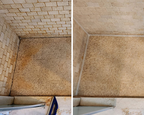 Shower Floor Before and After our Caulking Services in Basking Ridge