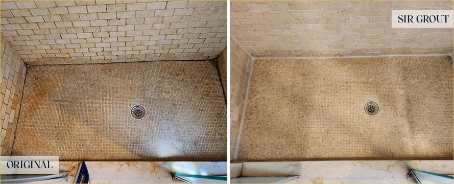 Shower Floor Before and After our Caulking Services in Basking Ridge