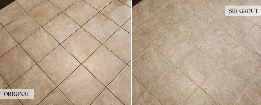 Tile Floor Before and After a Grout Recoloring in Flemington