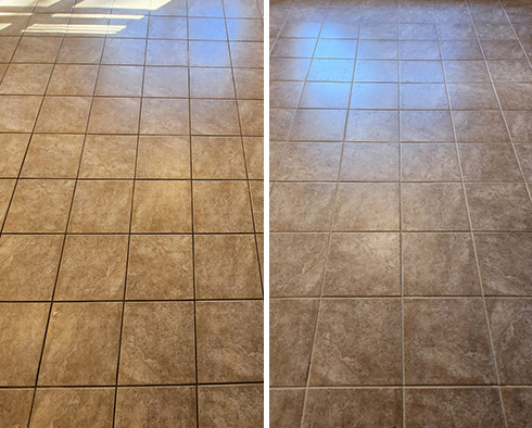 Hallway Floor Before and After a Grout Recoloring in Flemington