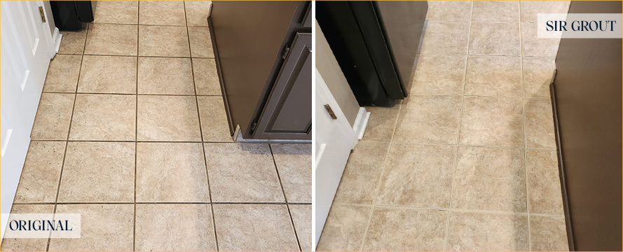 Kitchen Floor Before and After a Grout Recoloring in Flemington