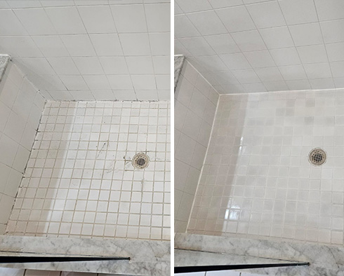 Shower Floor Before and After a Grout Cleaning in Somerset, NJ