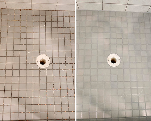 Shower Floor Before and After Our Caulking Services in Whitehouse Station