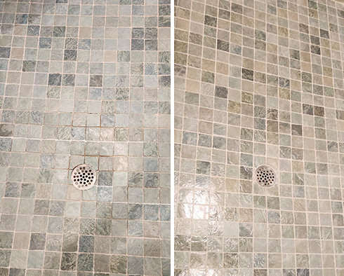 Shower Floor Before and After a Grout Sealing in Belle Mead