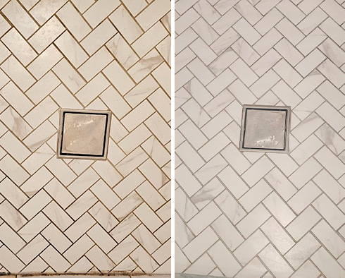 Shower Floor Before and After a Tile Cleaning in Middlesex