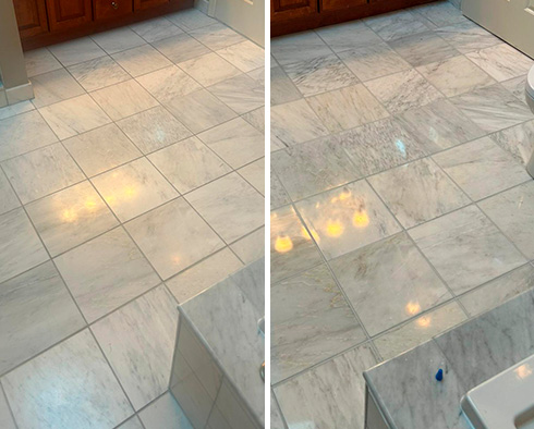 Bathroom Floor Before and After a Stone Polishing in Flemington